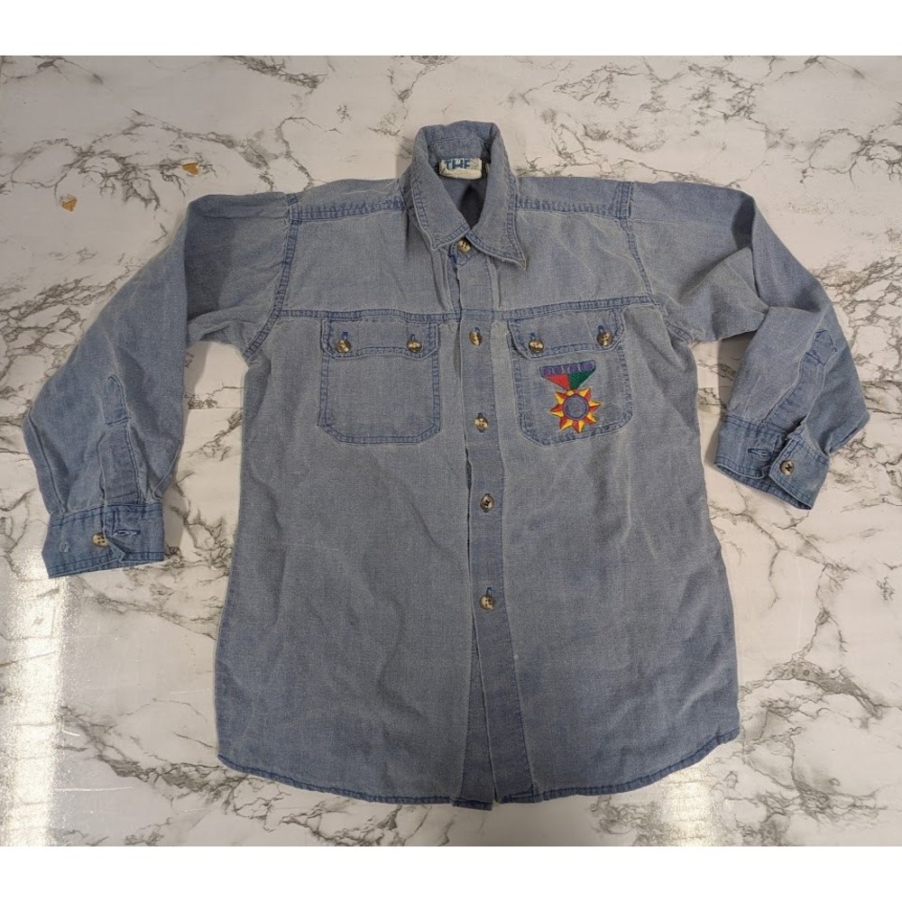 Billy The Kid Denim Button Down Shirt Boys Size 7 Blue Novelty Graphic